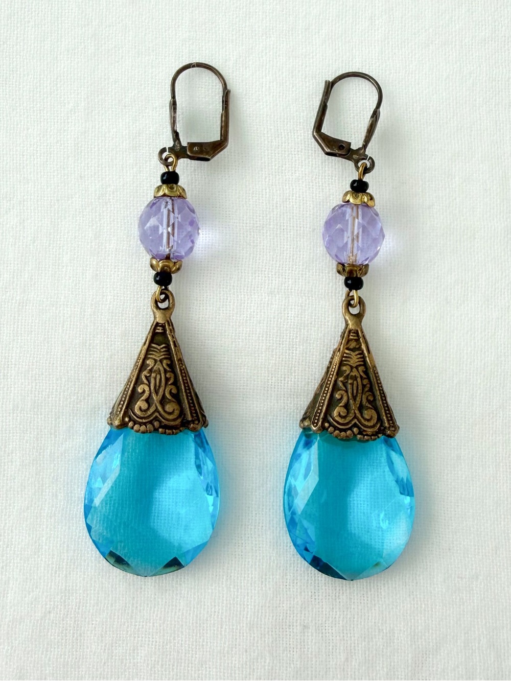 Vintage Czech Art Nouveau Turquoise Glass & Brass Dangle Earrings